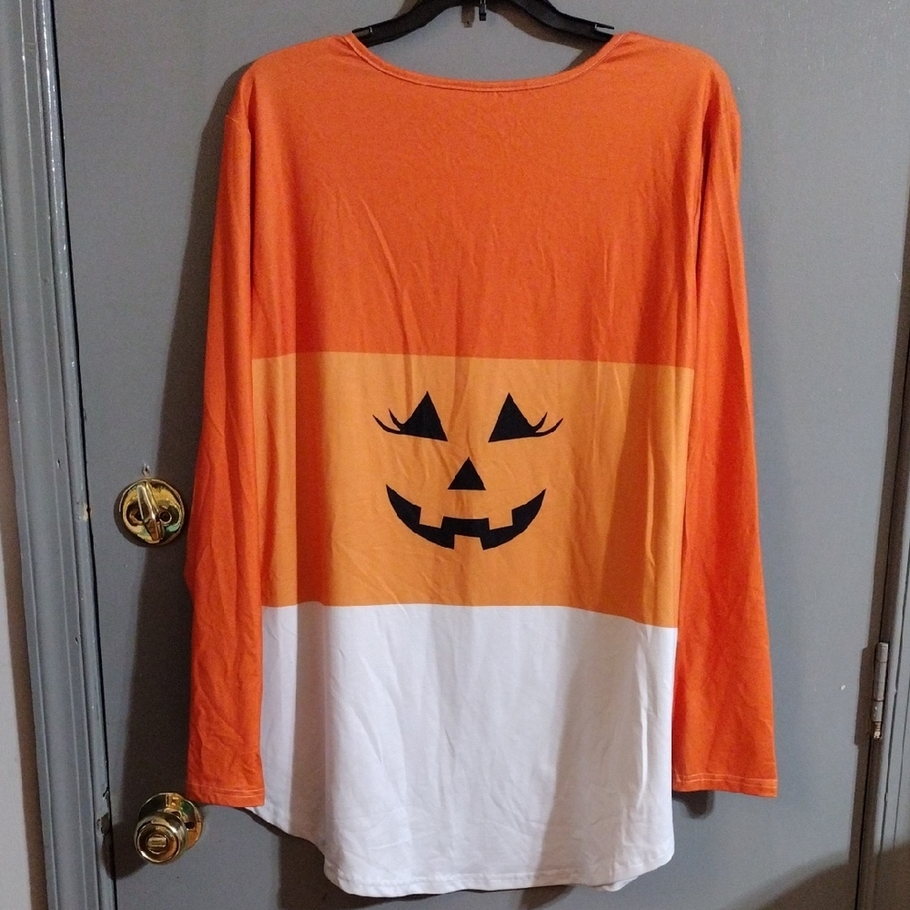 Orange and White Pumpkin Face Long Sleeve Shirt - Picture 2 of 3